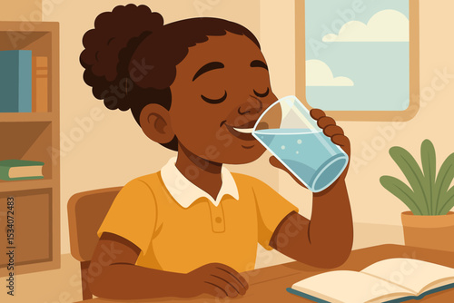 Happy African American girl drinking water while studying. Cute black child hydrating with a glass of pure water. Healthy lifestyle and education concept. Vector illustration.