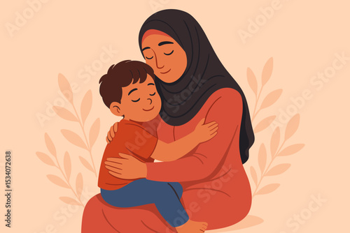 Muslim mother in hijab tenderly embracing her son. Happy Islamic family concept. Mother's Day vector illustration shows maternal love, care, affection and strong family bond.