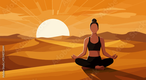 Female in meditative pose in desert with rolling sand dunes and radiant sun