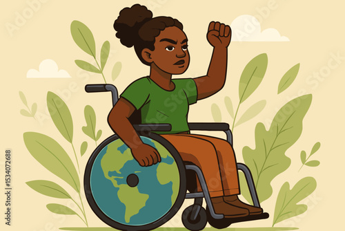 Eco warrior in wheelchair protesting for climate justice. Black woman activist with raised fist. Concept of environmentalism, social justice, inclusion, diversity, and saving planet Earth.