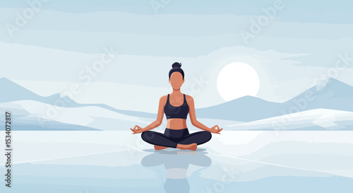 Woman in dark blue athletic wear meditating in a vast landscape with rolling hills and distant mountains