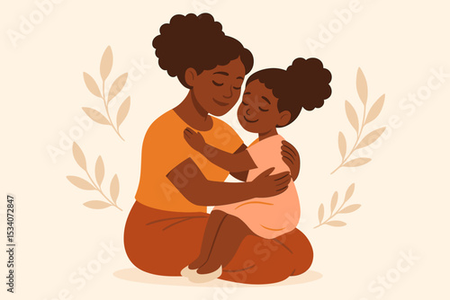 Loving African American Mother and Daughter Embracing, Family Bond, Parenthood, Affection, Mother’s Day Concept, Tender Moment, Sitting Together, Warm Relationship, Floral Background Illustration