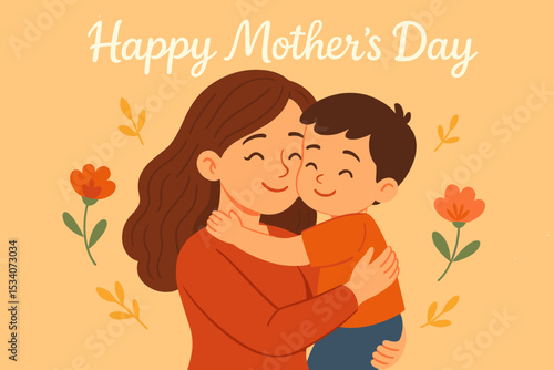 Mother's Day hug illustration. Mom holding child in loving embrace. Happy Mother’s Day greeting card. Family love, parent and child bond. Floral background. Celebration, affection, togetherness.