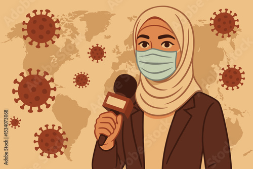 Female Muslim Journalist Reporting Global Coronavirus Pandemic. Hijab News Reporter. COVID-19 Virus Outbreak World Map. Media Coverage. Breaking News Vector Illustration. Health Crisis Concept