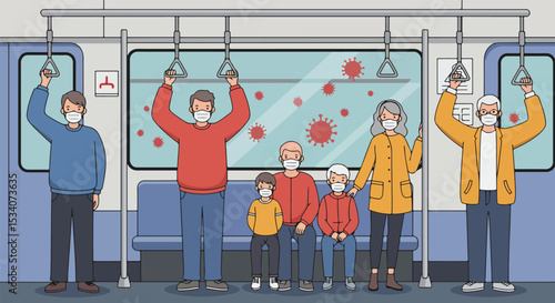 Illustration of diverse people in a train or subway car with face masks and virus particles