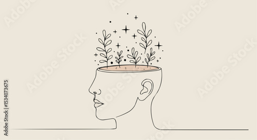 Abstract illustration of a head with plants symbolizing mental health  