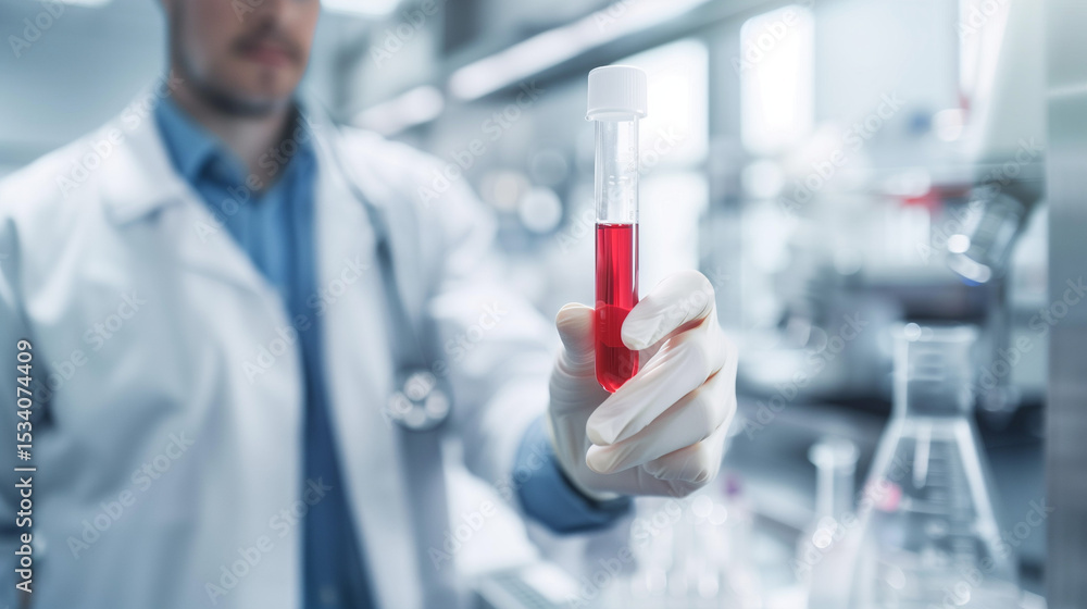 Fototapeta premium Doctor holding medical test tube with sample in laboratory, healthcare professional analyzing specimen for research or diagnosis, early disease detection and prevention concept.