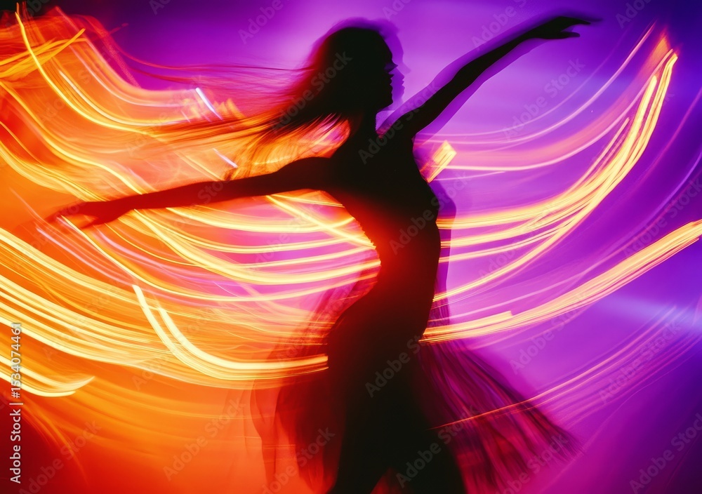 A captivating silhouette of a dancer set against vibrant light trails, representing the beauty of movement and artistic expression in a visually dynamic and energetic composition. A captivating silhouette of a dancer set against vibrant light trails, representing the beauty of movement and artistic expression in a visually dynamic and energetic composition.