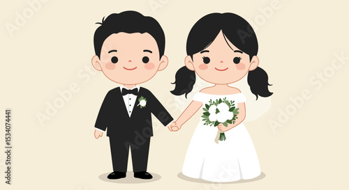 Young couple in formal attire holding hands in a neutral background