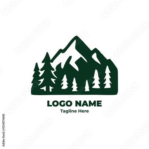 Hiking illustration logo, mountain badge, outdoor camping emblem, forest adventure icon, trekking design for graphic print and brand visuals