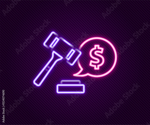 Glowing neon line Auction hammer price icon isolated on black background. Gavel - hammer of judge or auctioneer. Bidding process, deal done. Auction bidding. Colorful outline concept. Vector