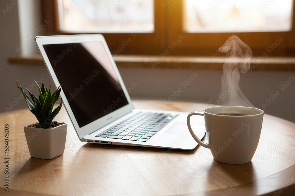 Fototapeta premium Laptop with a cup of coffee and a small plant on a round wooden table near a bright window light