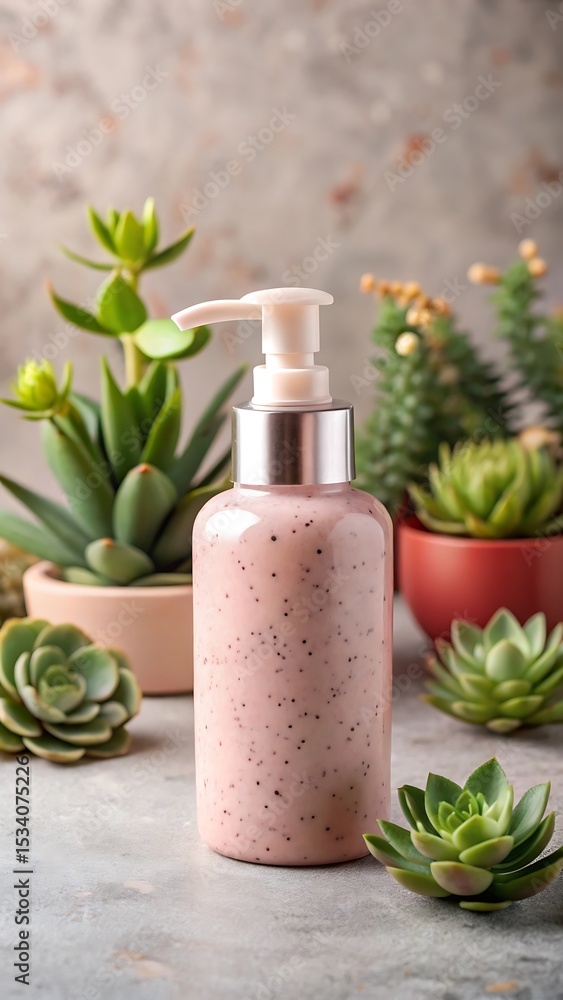 Pink Speckled Pump Bottle on Terrazzo Surface with Succulents Pink Speckled Pump Bottle on Terrazzo Surface with Succulents