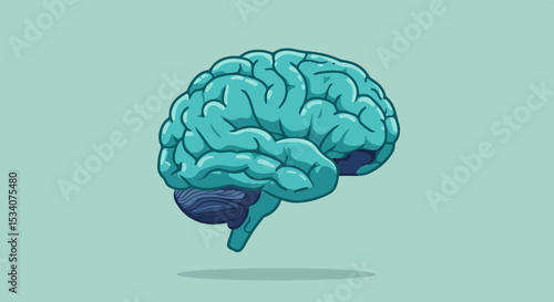 3D rendering of a human brain with intricate folds and grooves, light green with darker green and blue accents