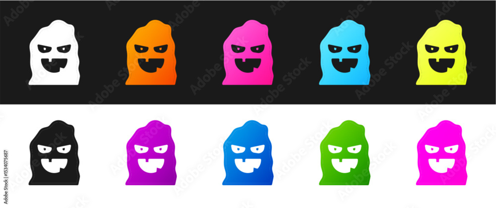 Obraz premium Set Funny and scary ghost mask for Halloween icon isolated on black and white background. Happy Halloween party. Vector