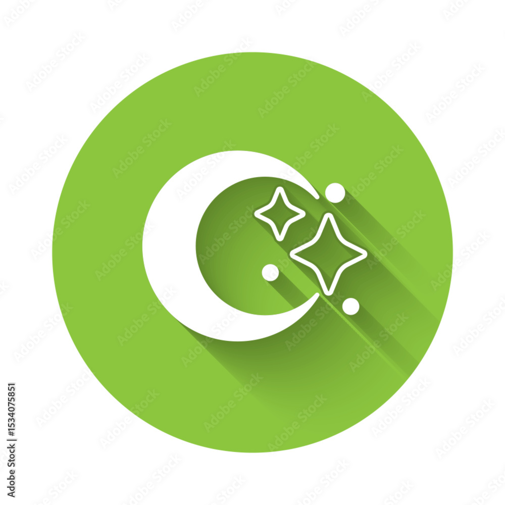 White Moon and stars icon isolated with long shadow background. Cloudy night sign. Sleep dreams symbol. Full moon. Night or bed time sign. Green circle button. Vector White Moon and stars icon isolated with long shadow background. Cloudy night sign. Sleep dreams symbol. Full moon. Night or bed time sign. Green circle button. Vector