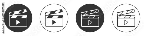 Black Movie clapper icon isolated on white background. Film clapper board. Clapperboard sign. Cinema production or media industry. Circle button. Vector