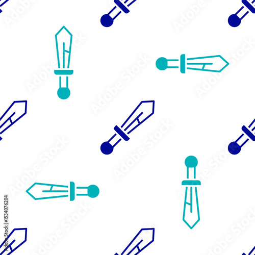 Blue Medieval sword icon isolated seamless pattern on white background. Medieval weapon. Vector