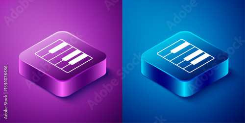 Isometric Music synthesizer icon isolated on blue and purple background. Electronic piano. Square button. Vector