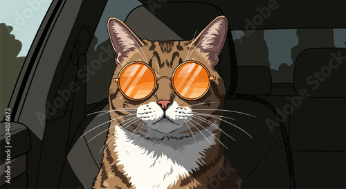 Tabby cat with sunglasses sitting in driver's seat of a car