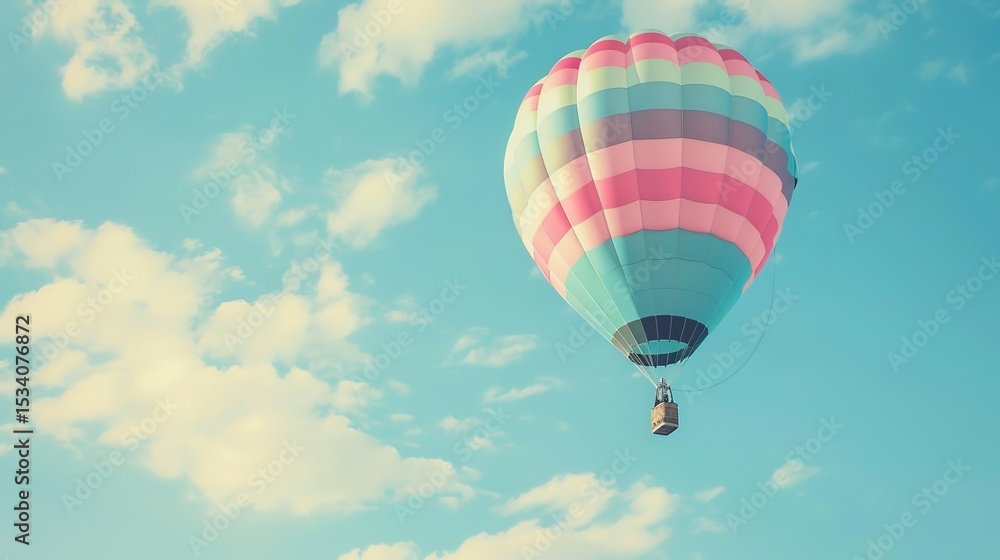 Naklejka premium Dreamy Candy-Colored Hot Air Balloon: A Whimsical Soar Through Pastel Skies & Sugar-Coated Dreams — Embrace a Magical Flight Over Rainbow-Hued Landscapes, Where Fluffy Clouds Meet Swirling Cotton Cand