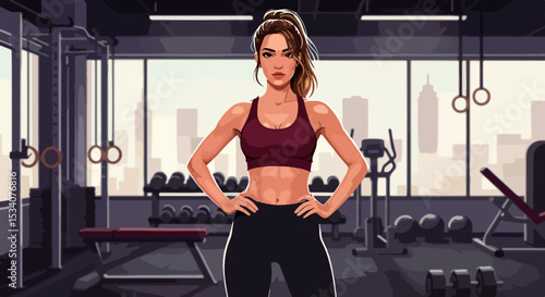 Confident young woman in modern gym with city skyline view