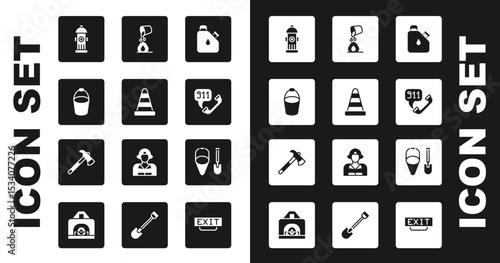 Set Canister fuel, Traffic cone, Fire bucket, hydrant, Telephone call 911, Bucket extinguishing fire, shovel and and Firefighter axe icon. Vector