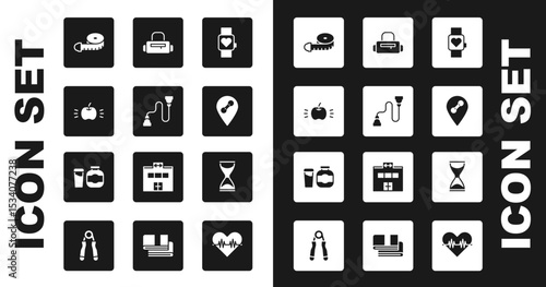 Set Smart watch, Chest expander, Apple, Tape measure, Location gym, Sport bag, Old hourglass and Sports nutrition icon. Vector