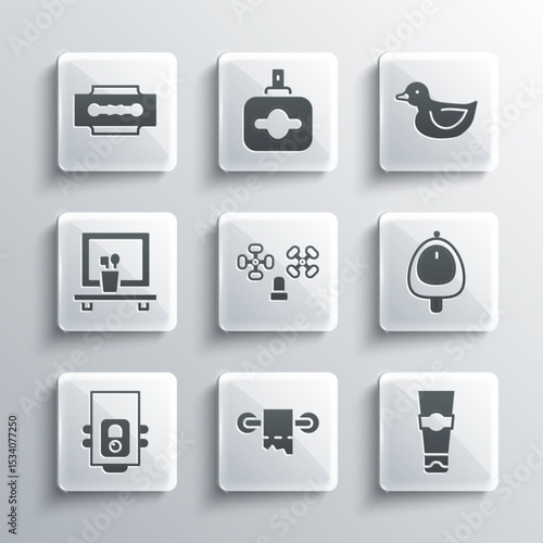 Set Toilet paper roll, Tube of toothpaste, urinal or pissoir, Water tap, Gas boiler, Washbasin mirror, Blade razor and Rubber duck icon. Vector