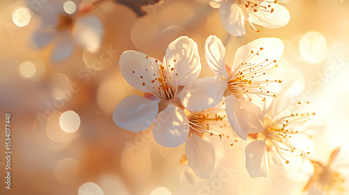 Springtime Blossom: Delicate White Flowers in Golden Sunlight