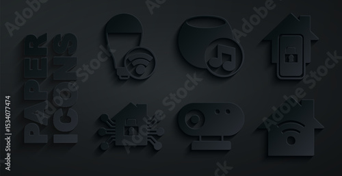 Set Web camera, Mobile with smart home, Smart, wi-fi, Voice assistant and light bulb icon. Vector