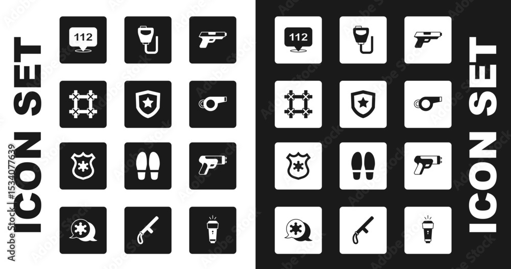 Set Pistol or gun, Police badge, Prison window, Telephone call 112, Whistle, Walkie talkie, electric shocker and icon. Vector Set Pistol or gun, Police badge, Prison window, Telephone call 112, Whistle, Walkie talkie, electric shocker and icon. Vector