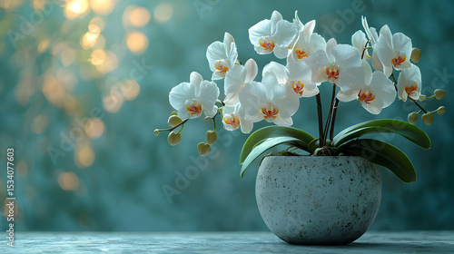 Elegant White Orchid in a Stone Pot