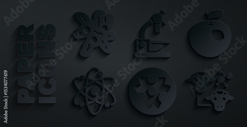 Set Biohazard symbol, Genetically modified apple, Atom, Cloning, Microscope and Cell icon. Vector