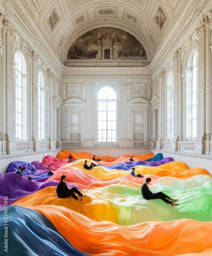 An immersive art installation features waves of vibrant colored fabric undulating gracefully across the floor, inviting visitors to experience a harmonious blend of colors and textures.
