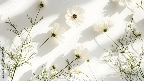 White Cosmos Flowers in Sunlight: A Minimalist Floral Composition
