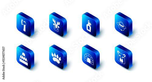 Set Deer head with antlers, Bottle of maple syrup, Canadian ranger hat, Beaver animal, Igloo ice house, Bear paw footprint, Beanie and Wooden axe icon. Vector
