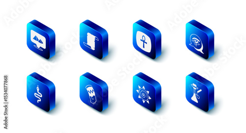 Set Papyrus scroll, Cross ankh, Eye of Horus, Hookah, Sun, Nefertiti, Snake and Egypt pyramids icon. Vector