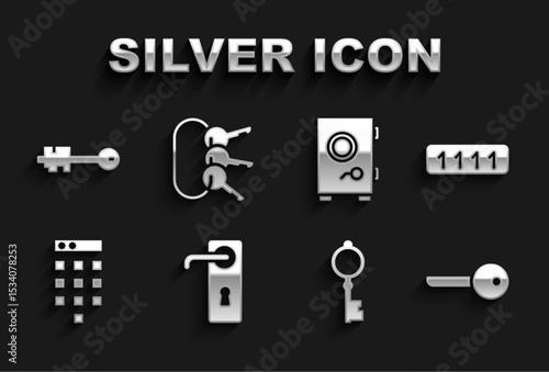 Set Door handle, Password protection, Key, Old key, Safe, and Bunch of keys icon. Vector