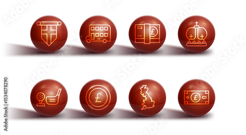 Set line England flag on pennant, Golf club with ball tee, British crown, map, Coin money pound, Double decker bus, Pound sterling and icon. Vector