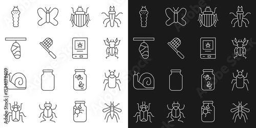 Set line Mosquito, Beetle bug, deer, Colorado beetle, Butterfly net, cocoon, Larva insect and Book about icon. Vector