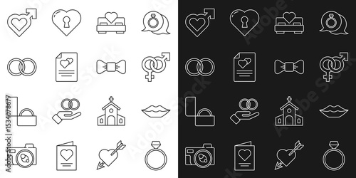 Set line Diamond engagement ring, Smiling lips, Gender, Bedroom, Greeting card, Wedding rings, Heart with male gender and Bow tie icon. Vector