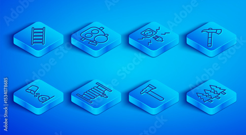 Set line Fire escape, Gas mask, Electricity spark, hose reel, Firefighter axe, Bucket extinguishing fire and Forest icon. Vector