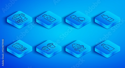 Set line Water jug with a filter, Bottle of water, Test tube drop, Fire hydrant, cooler and icon. Vector