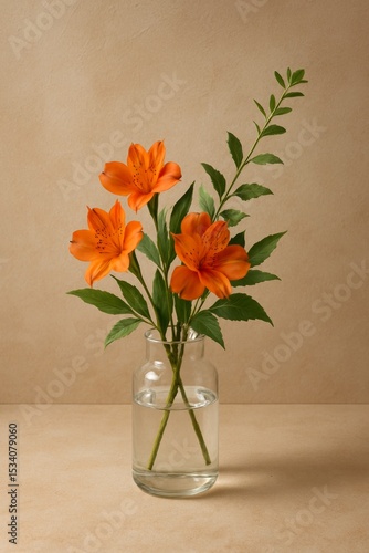 Wallpaper Mural Three vibrant orange flowers delicately arranged in a clear glass vase. The flowers are accented by green leaves against a soft, neutral background, creating a sense of elegance and natural beauty Torontodigital.ca