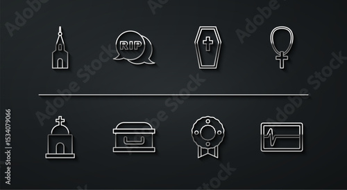 Set line Church building, Old crypt, Christian cross on chain, Memorial wreath, Coffin with, Speech bubble rip death, Beat dead monitor and icon. Vector