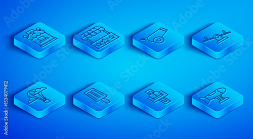 Set line Ticket box office, Cannon, Ice cream, Attraction carousel, Seesaw, Hot air balloon and Swing plane icon. Vector