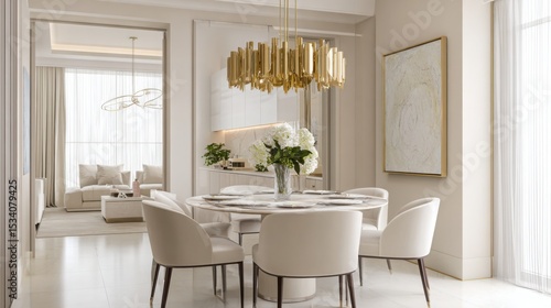 dining area with golden chandelier, round table, beige and white tones, clean modern design, warm elegant mood