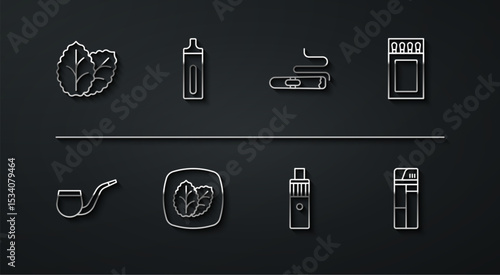 Set line Tobacco leaf, No pipe smoking, Matchbox and matches, Vape mod device, Electronic cigarette, Lighter and Cigar icon. Vector