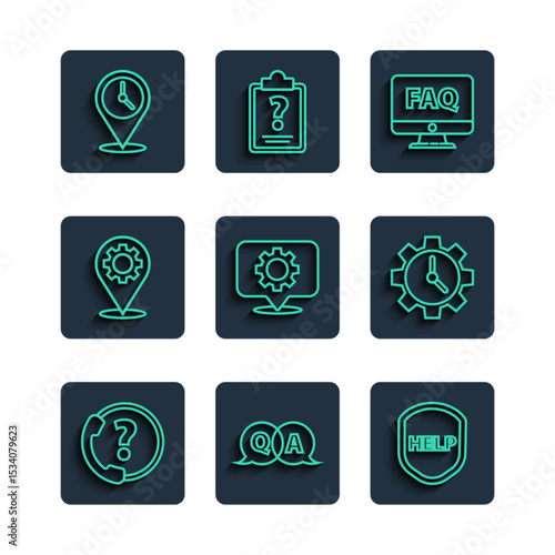 Set line Telephone 24 hours support, Question and Answer, Shield with text Help, Computer monitor FAQ, Location gear, clock and Time Management icon. Vector